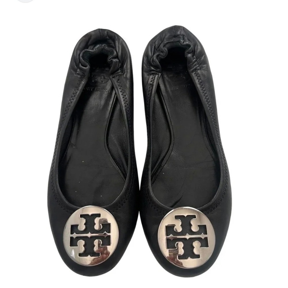 Tory Burch Minnie Travel Ballet Flats Black Leather Silver Logo Medallion
